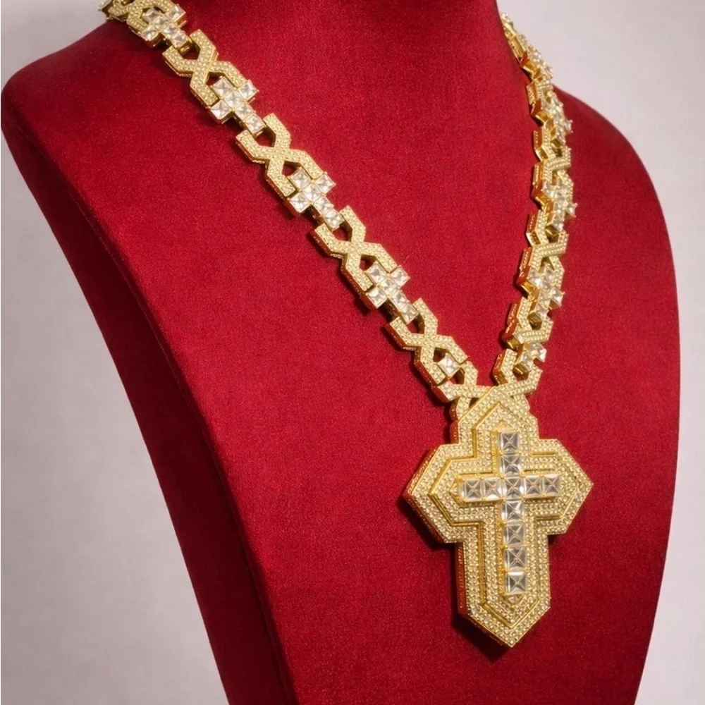 Gold Cross Pendant Necklace with Crystal Accents - men Jewelry 20inch